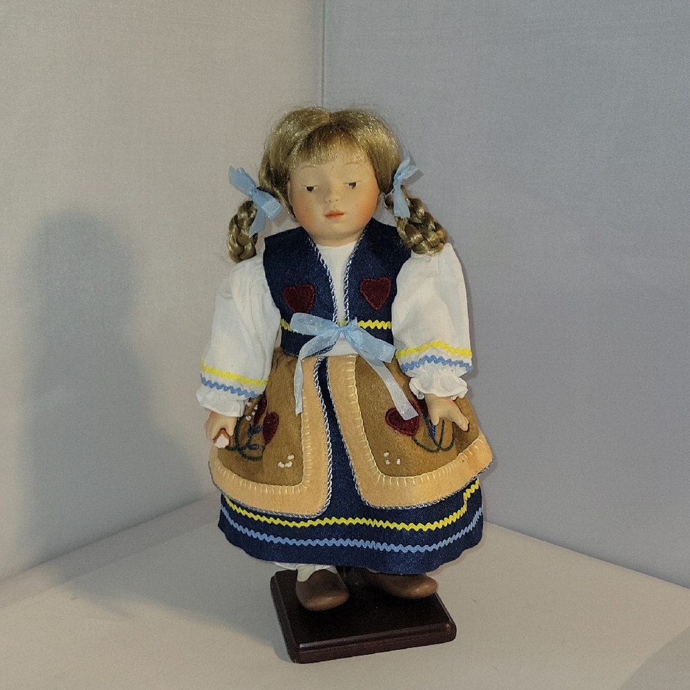 Berta Hummel Porcelain Doll with Blue and Tan Dress Goebel 1997